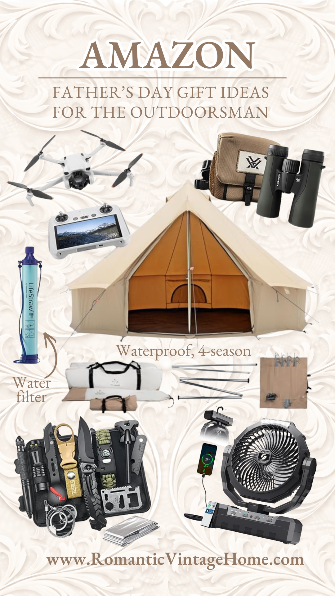 Father’s Day Gift Ideas for the Outdoorsman Father’s Day gift guide graphic for the outdoorsman featuring a tent, drone, binoculars, water filter, camping fan, multitool kit, and outdoor gear.