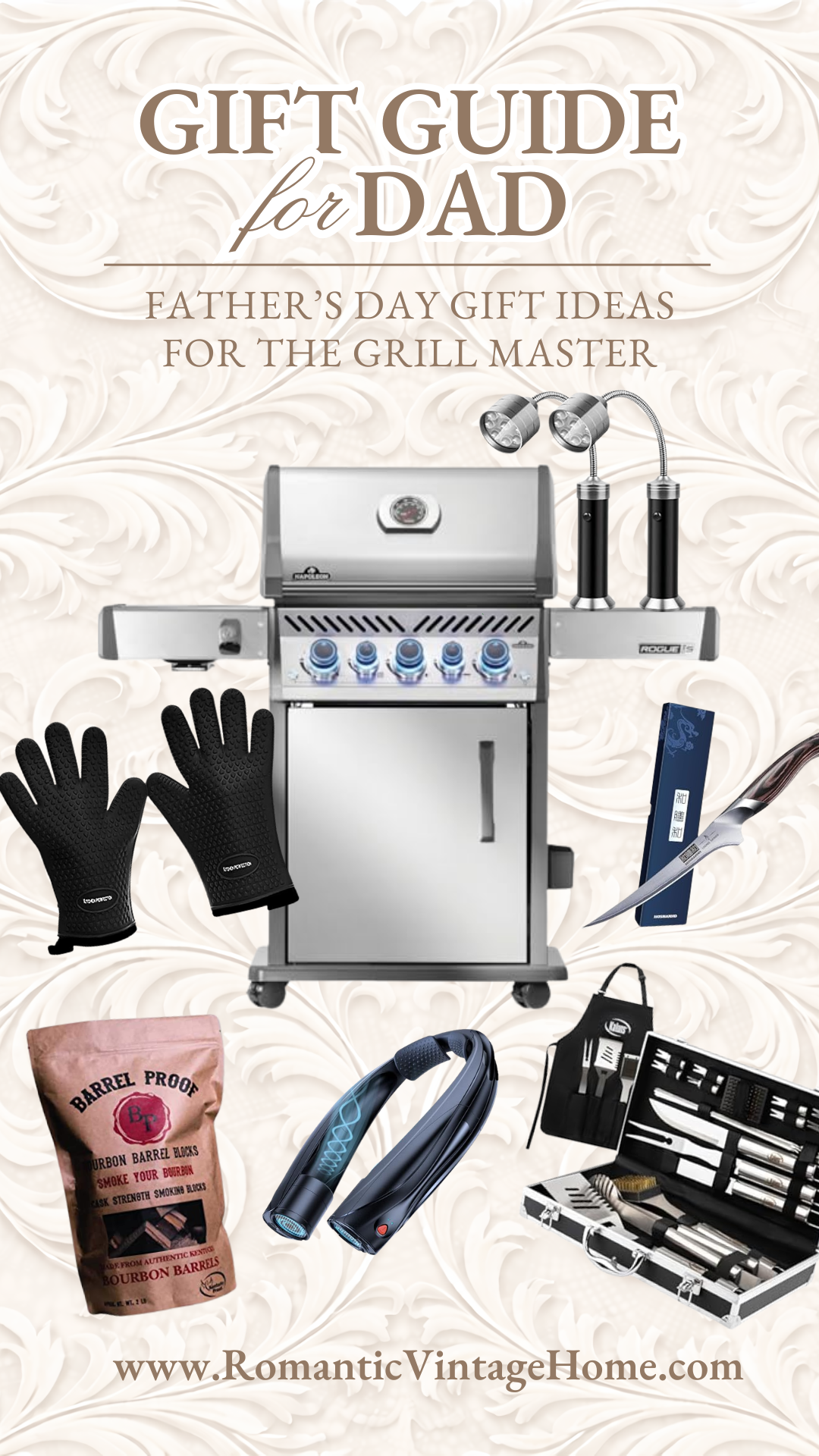 Gift Guide for Dad: Grill Master Father’s Day gift guide graphic for the grill master featuring a gas grill, grilling gloves, grill lights, carving knife, smoking blocks, lighter, and barbecue tool set.