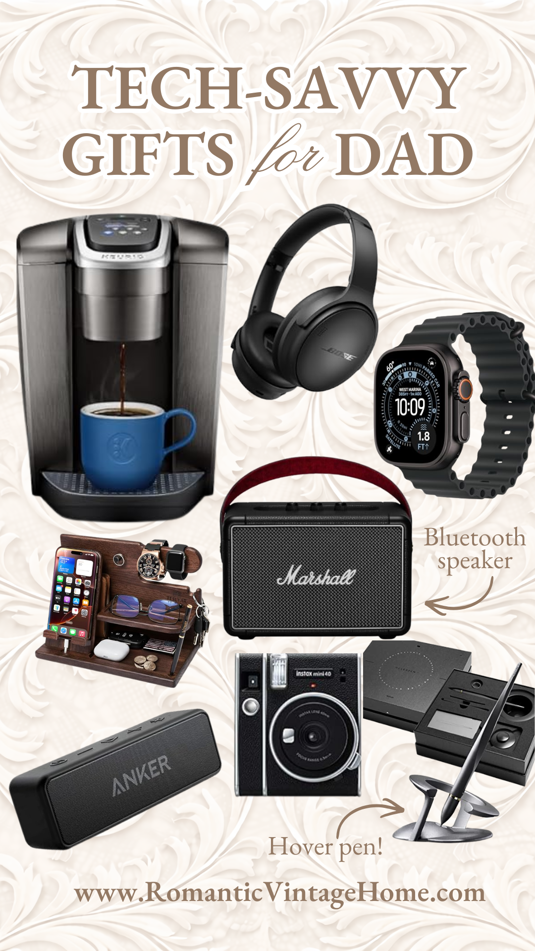 Tech-Savvy Gifts for Dad Father’s Day gift guide graphic with tech-savvy gifts for Dad including headphones, smartwatch, coffee maker, Bluetooth speakers, instant camera, charging station, and hover pen.
